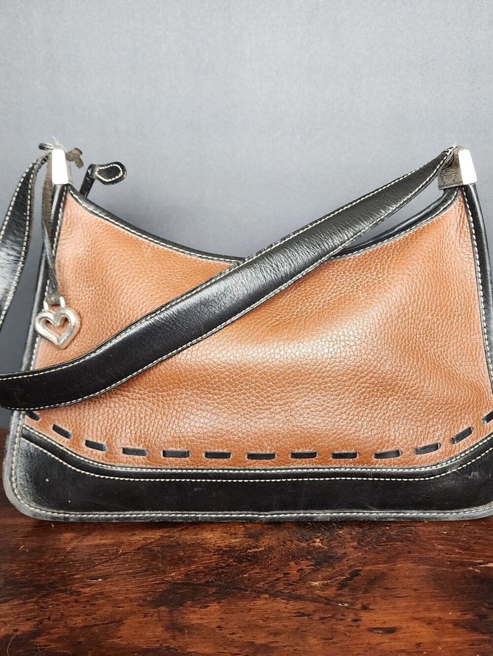 Vintage Brighton Leather Shoulder Bag Purse Tan Brown Black Two-Tone Heart Charm